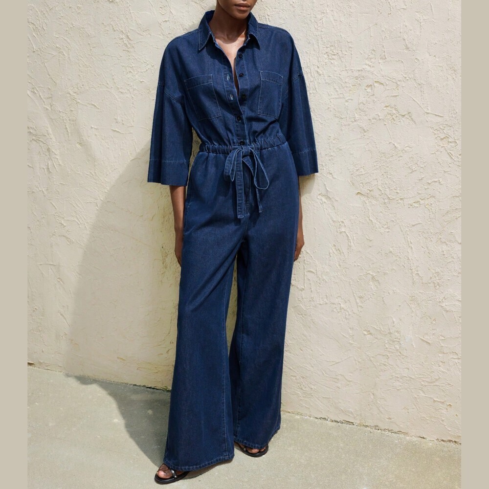 Navy Denim Jumpsuit with Drawstring Waist - Picture 7 of 7